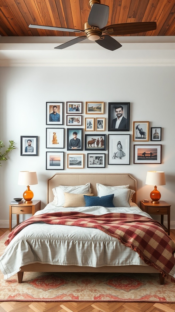 A modern bedroom featuring a gallery wall of framed pictures above a cozy bed, with wooden ceiling and warm decor.