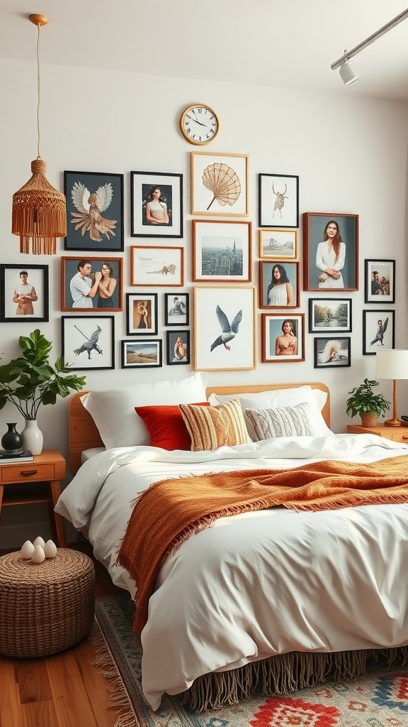 A cozy boho bedroom featuring a personalized gallery wall with various framed pictures and art, complemented by plants and warm textiles.
