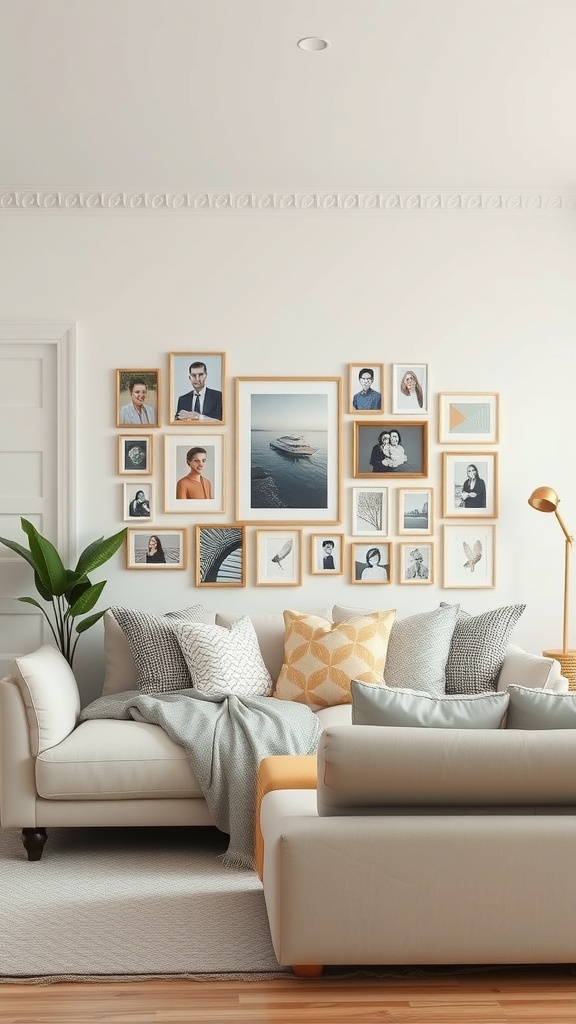 A stylish living room featuring a gallery wall with various framed photos and art pieces.