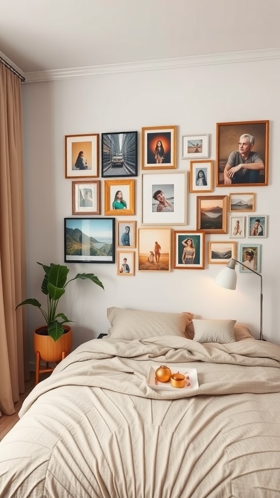 A cozy bedroom with a gallery wall of framed photos and artwork, featuring a bed with soft bedding and a potted plant.