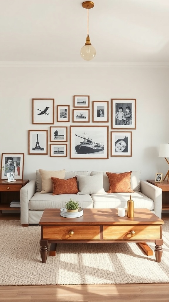 A cozy farmhouse living room with a gallery wall of framed photos and art above a light-colored sofa.