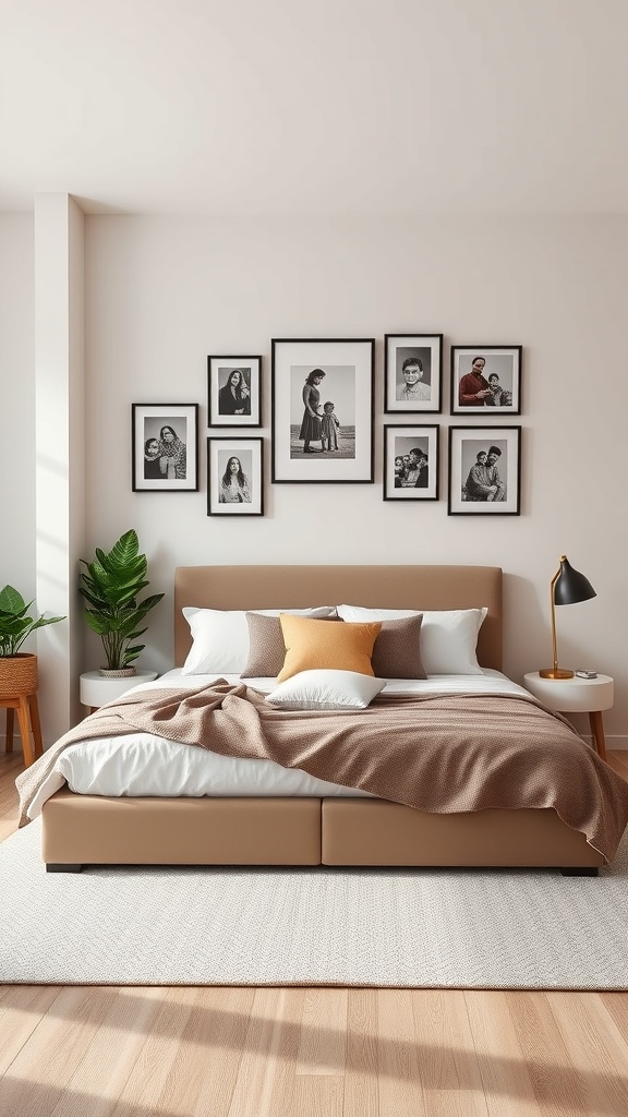 A modern bedroom featuring a gallery wall with framed photos, a cozy bed, and decorative plants.