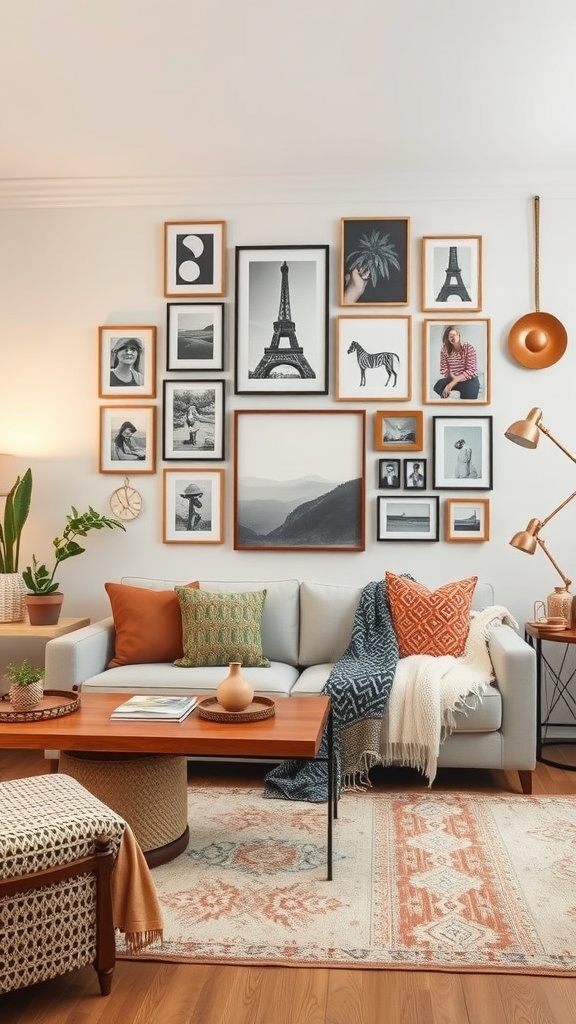 A boho living room with a personalized gallery wall featuring various framed photos and art pieces.