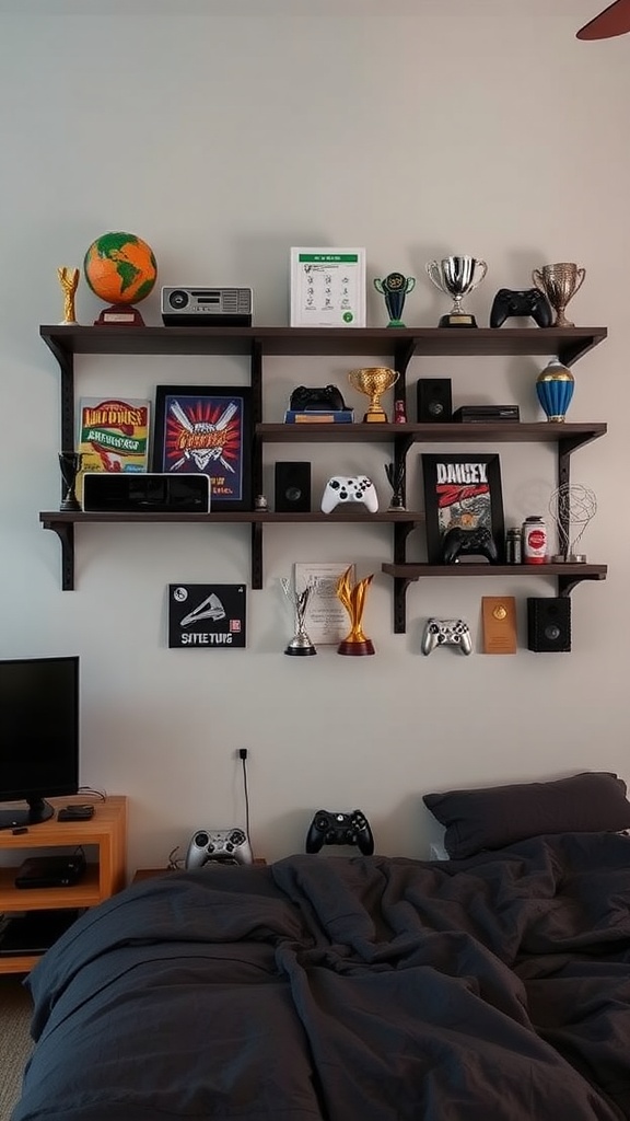 A stylish arrangement of personalized gamer wall shelves filled with trophies, consoles, and decor in a cozy bedroom.