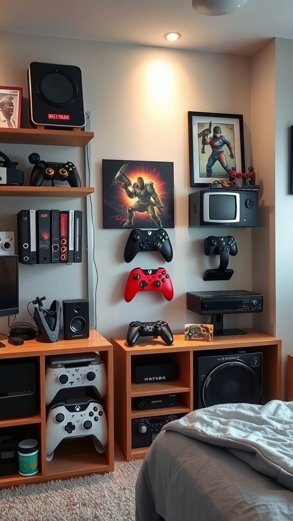 A personalized display of gaming accessories including controllers, consoles, and decorative items on the wall.