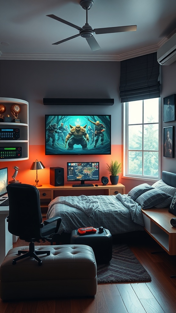 A cozy gaming bedroom featuring a large screen, gaming chair, and warm lighting.