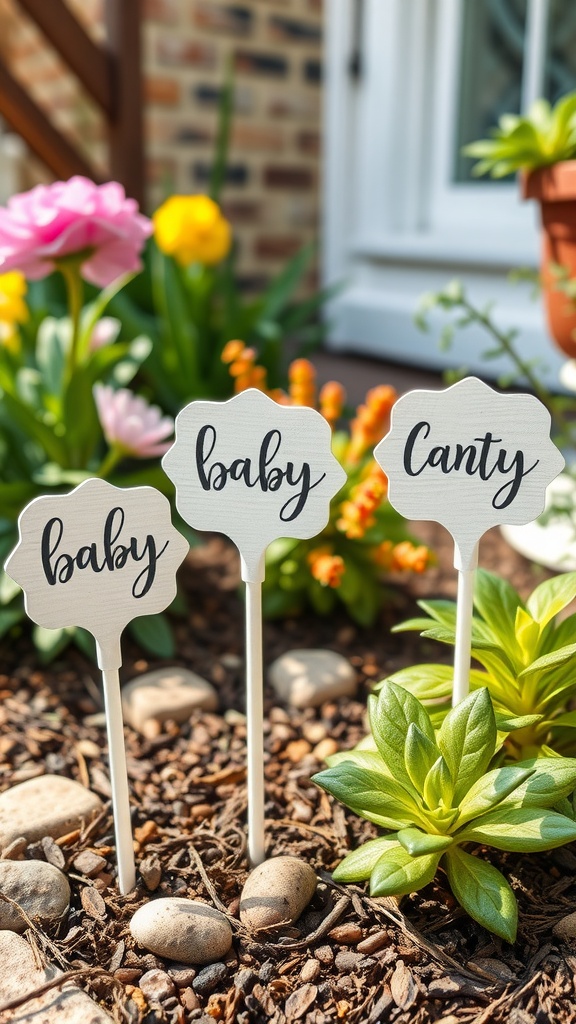 Personalized garden markers in a flower bed with colorful plants.