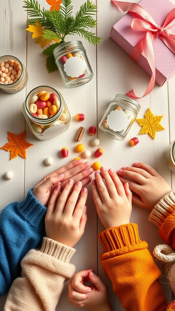 Children crafting personalized gift jars with colorful candies and decorations