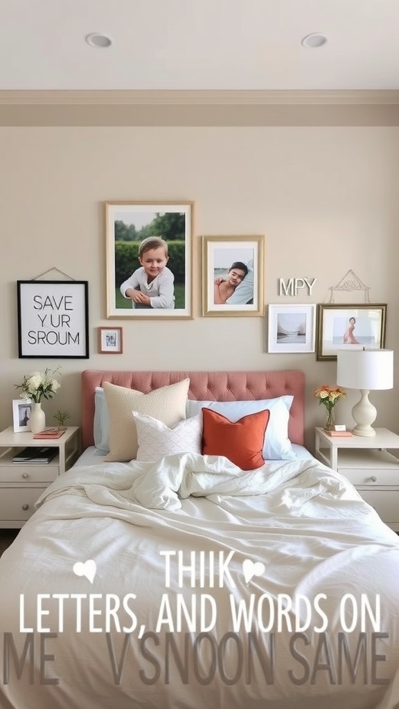 A cozy greige bedroom featuring a soft bed with colorful pillows, framed photos, and wall art.
