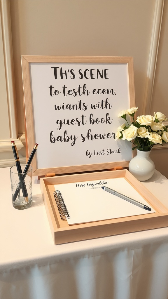 A guest book station for a baby shower featuring a sign, pens, and a spiral-bound book.