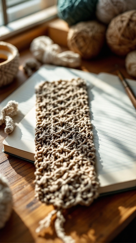 Crocheted bookmark on a notebook with yarn in the background