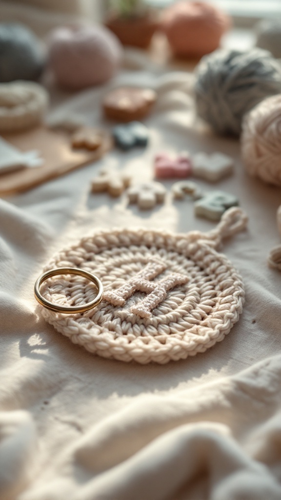 Crochet keyring with the letter H on a beige background