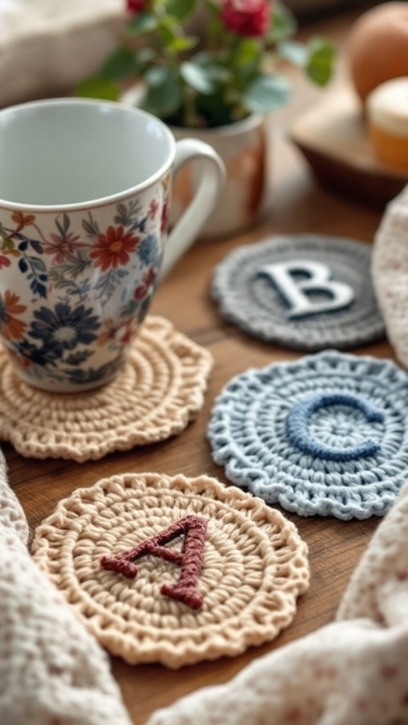 Crochet coasters with initials A, B, and C, arranged with a floral cup and a small plant.