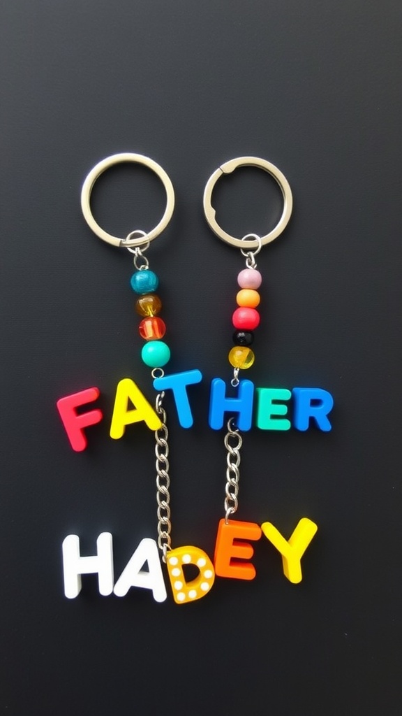 Colorful personalized keychains spelling 'FATHER' and 'HADEY' with decorative beads.