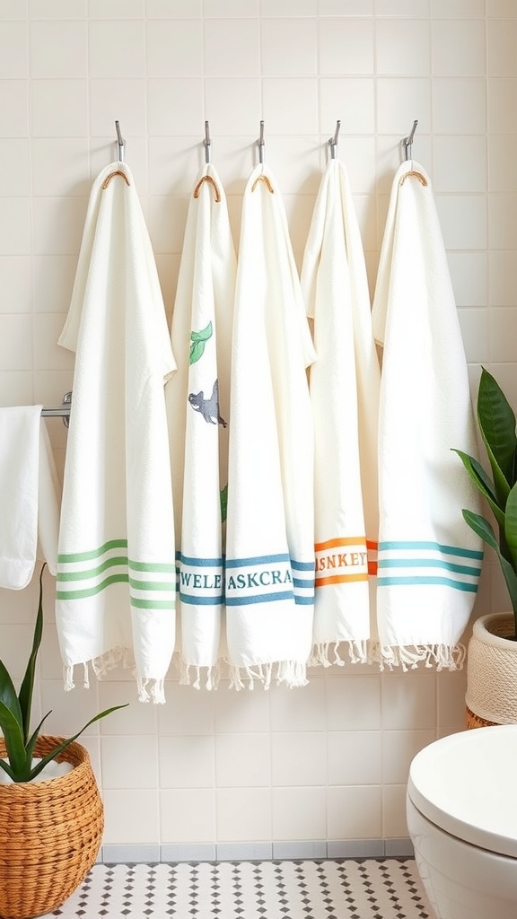 A collection of personalized white towels with colorful stripes hanging in a bathroom