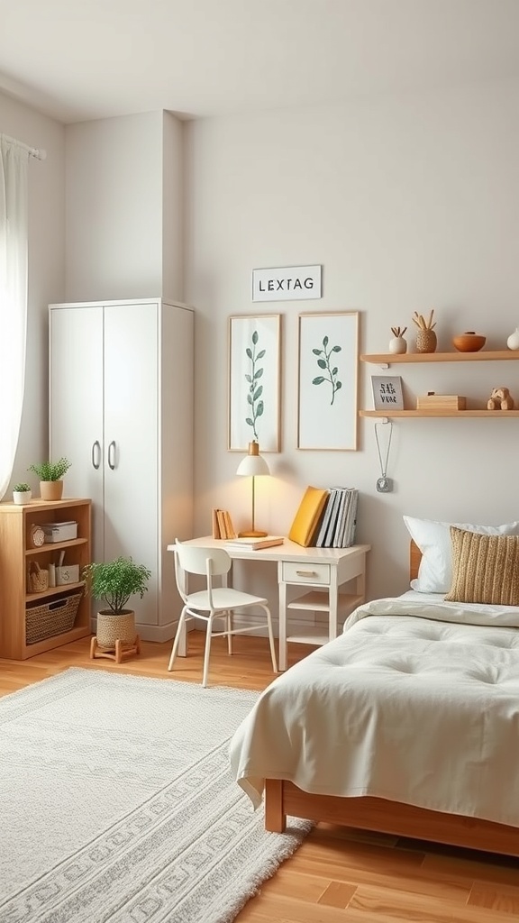 A cozy Montessori toddler bedroom with a bed, desk, and plants, featuring a calming color palette.