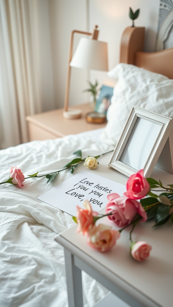 A romantic bedroom setup featuring a handwritten love note surrounded by roses on a bed.