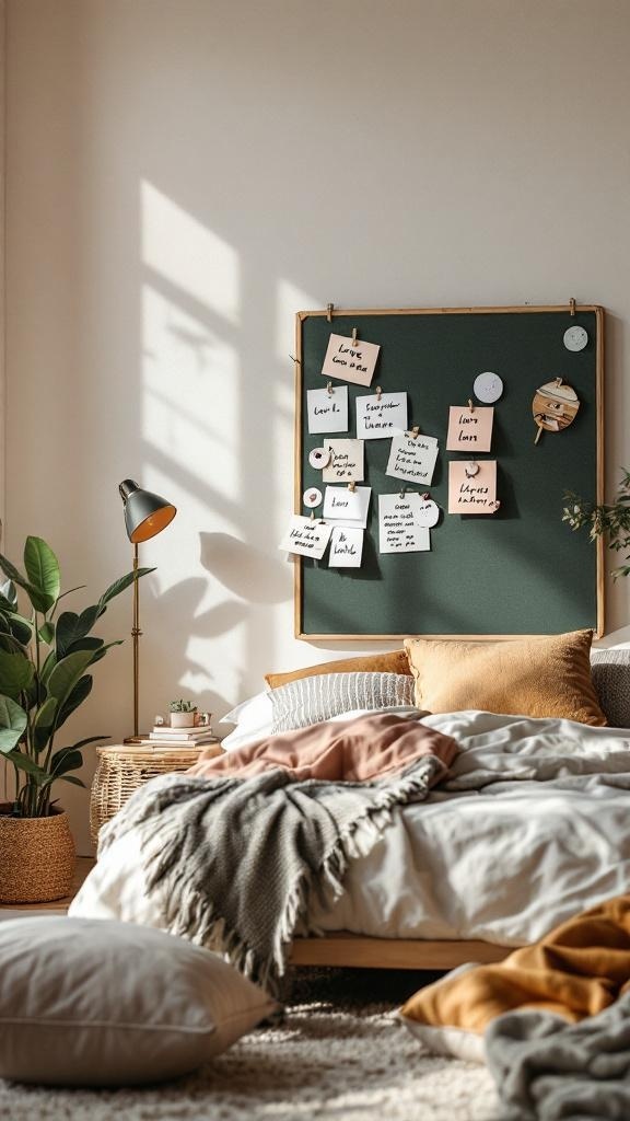 Cozy bedroom with a bulletin board displaying personalized love notes.