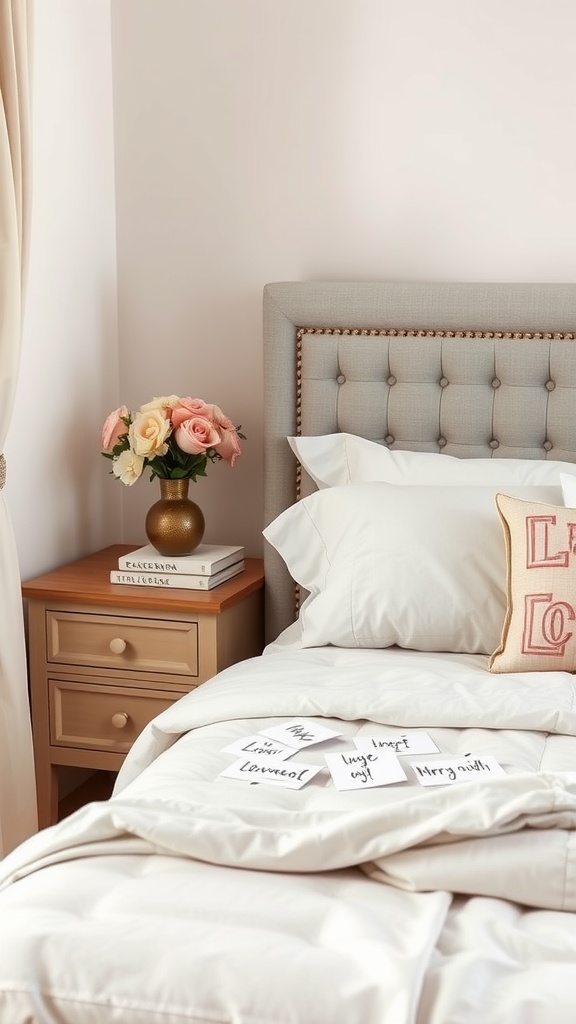 A cozy bedroom with love notes on the bed and a vase of roses on the nightstand.