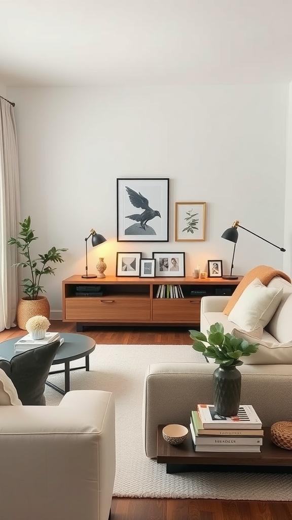 A minimalist living room featuring neutral colors, stylish furniture, and personalized decor elements.