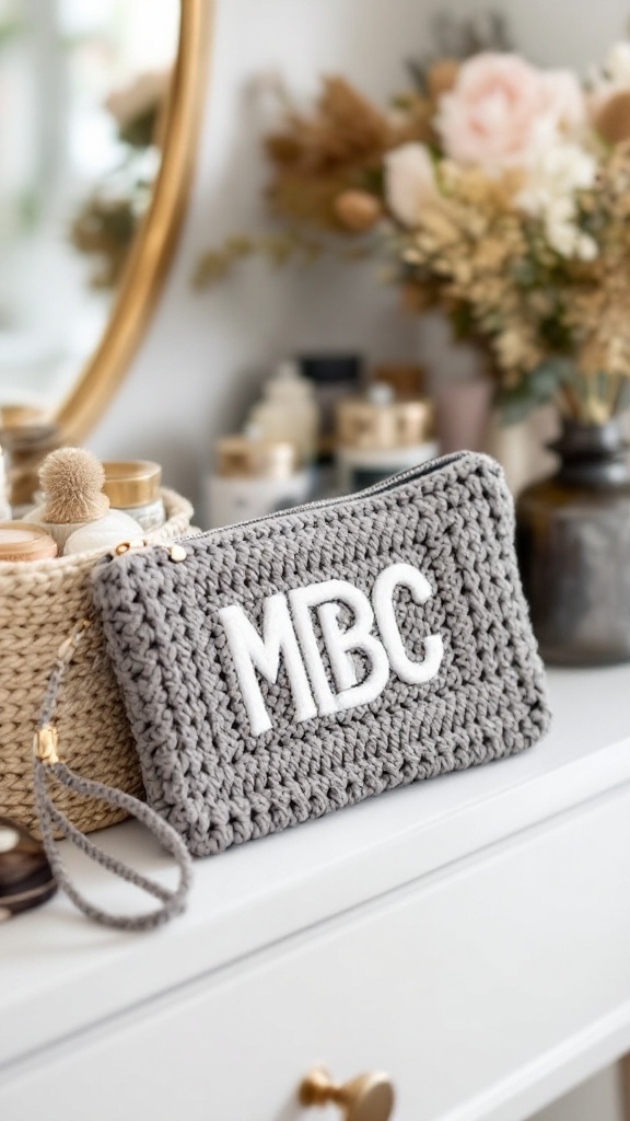 A gray crochet clutch with white monogram letters 'MBC' displayed on a vanity table surrounded by beauty products.