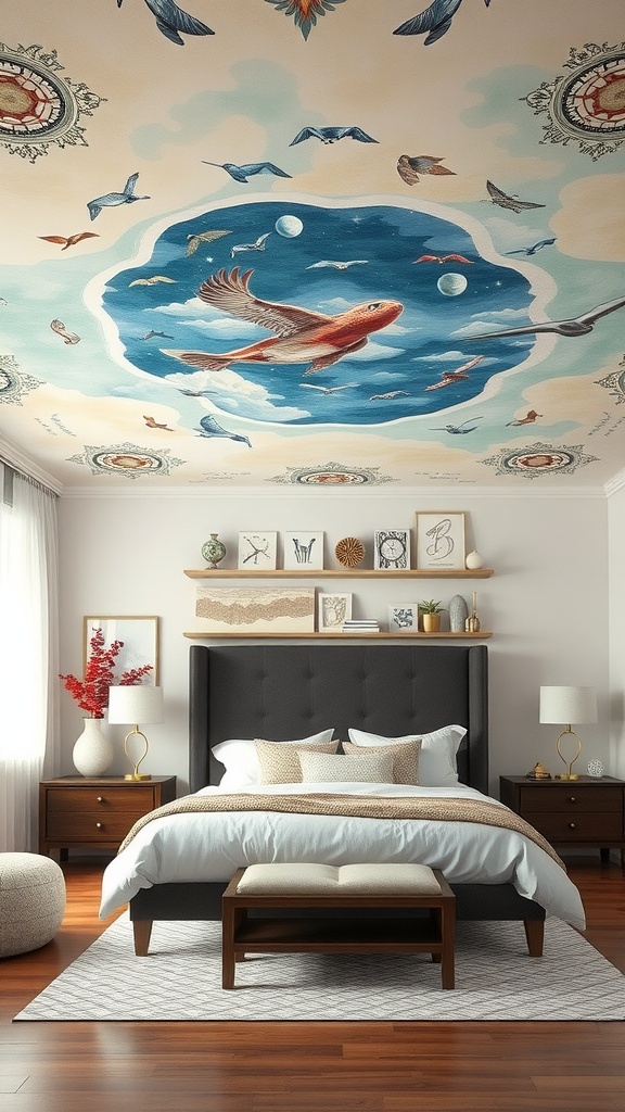 A beautifully painted ceiling mural featuring birds, a goldfish, and clouds in a stylish bedroom.