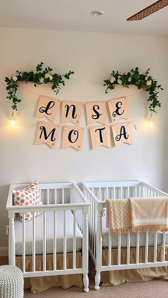 Personalized name banners for twins nursery with greenery and warm lighting.