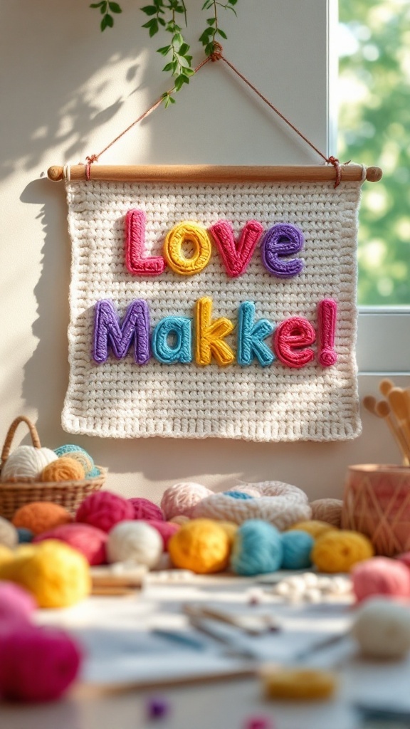 Colorful crochet wall hanging with the words 'Love Makke!' displayed