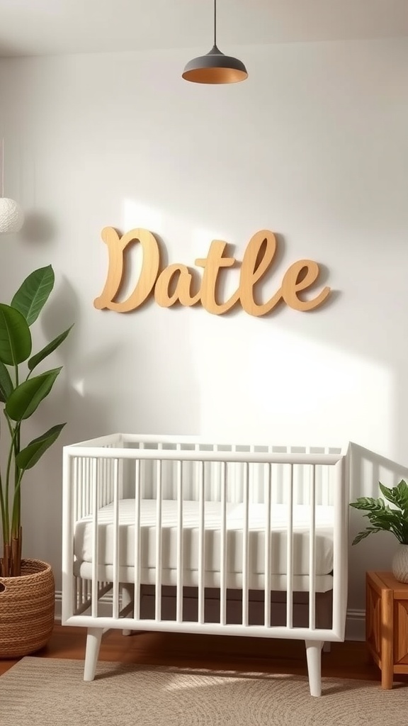 A cozy nursery featuring personalized name decor with the name 'Datle' in wooden letters above a crib.