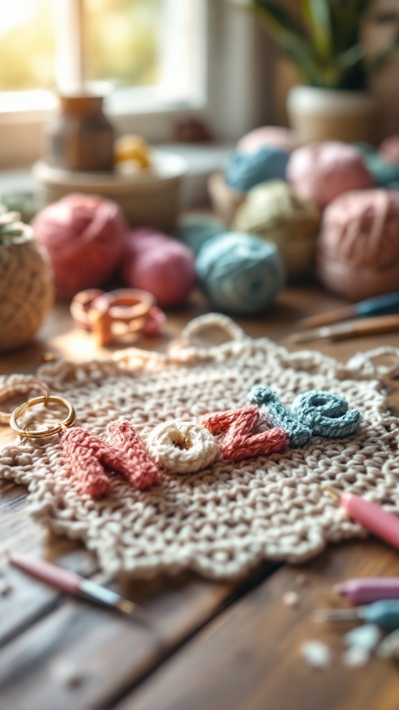 Crocheted keychain with the name 'Nozle' made of colorful yarn, surrounded by more yarn and crochet tools.