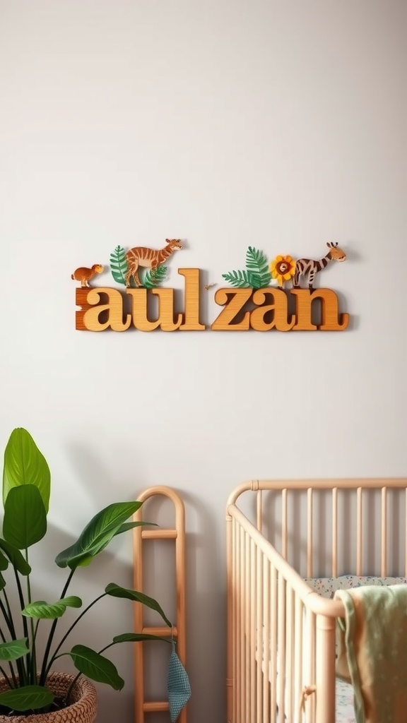 Personalized wooden name sign for a jungle nursery with animal figures and greenery
