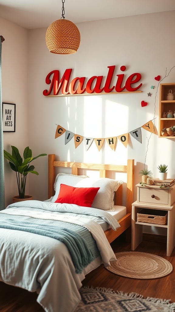 A cozy kids bedroom featuring a personalized name sign that reads 'Maalie' on the wall.