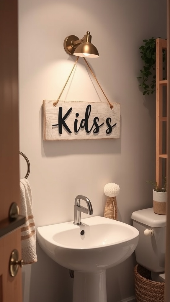 A wooden name sign that says 'Kids' hanging in a bathroom.