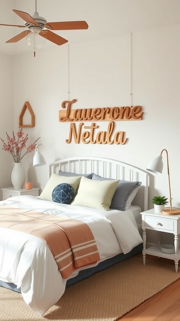 A cozy bedroom featuring a wooden personalized name sign above the bed.