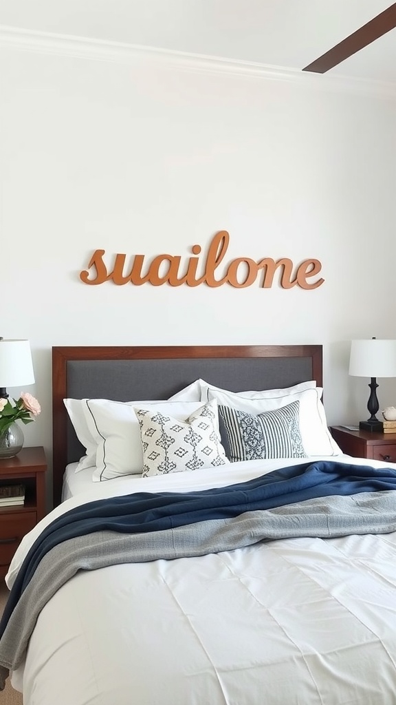 A wooden name sign displayed above a bed, adding personal charm to a bedroom decor.