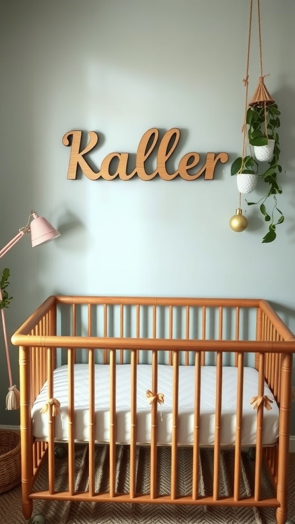 A nursery featuring a wooden name sign 'Kaller' on the wall, with a crib and decorative plants.