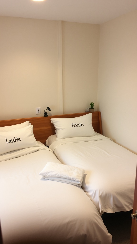 Two beds with personalized name tags, one reading 'Lashie' and the other 'Naurie'.