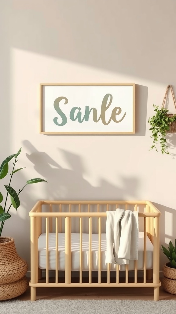 A neutral nursery featuring a personalized name wall art above a crib, with natural elements like plants and woven baskets.