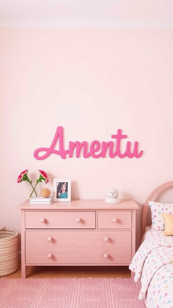 Personalized name wall art in a girly room, with a pink dresser and decor items.