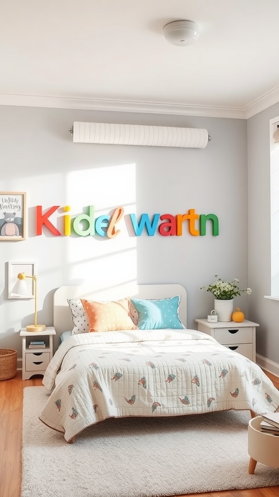 A colorful name wall art in a kindergarten bedroom, spelling 'Kidel wartn'.
