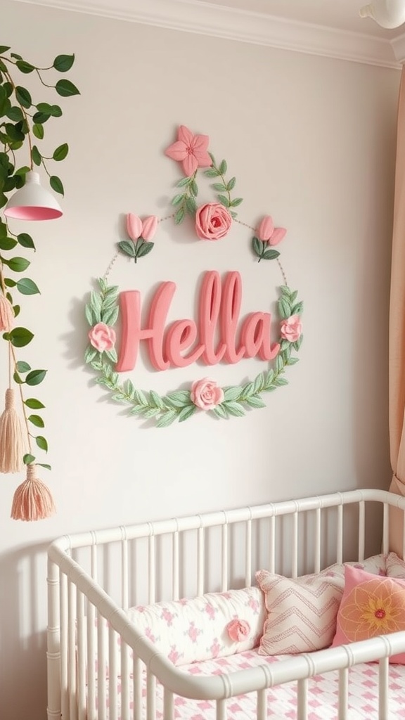 Personalized wall decor with the name 'Hella' surrounded by flowers in a pink and green nursery.