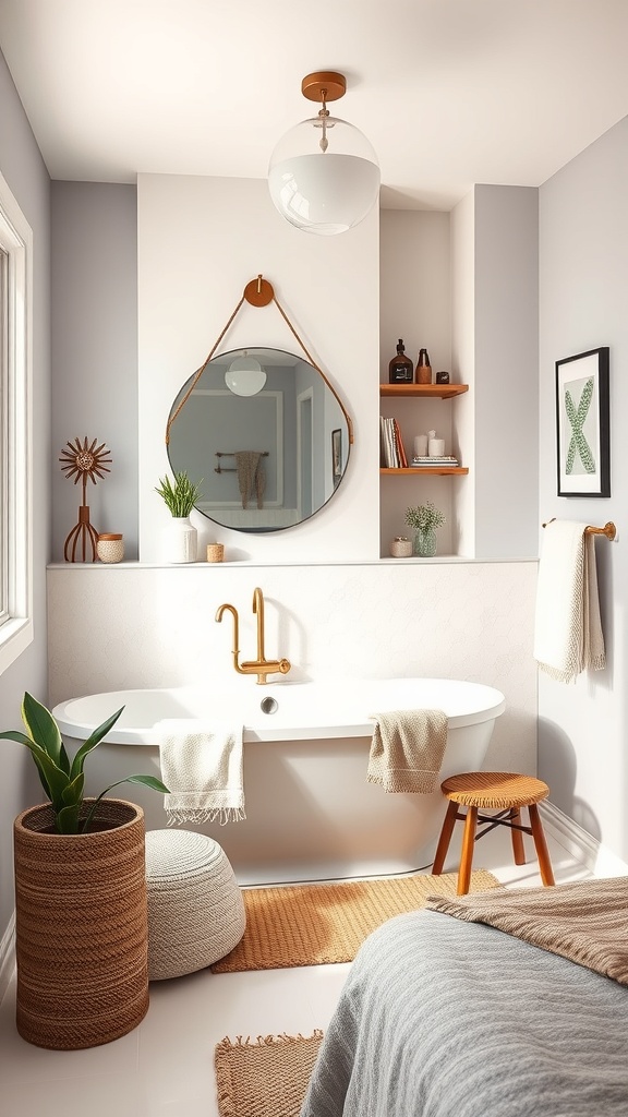 A stylish bathroom featuring a round mirror, gold fixtures, and a cozy niche with plants and decor.