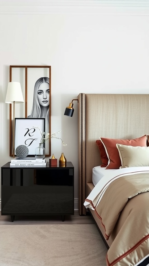 A modern luxury bedroom featuring a sleek nightstand with decorative items and stylish lighting.