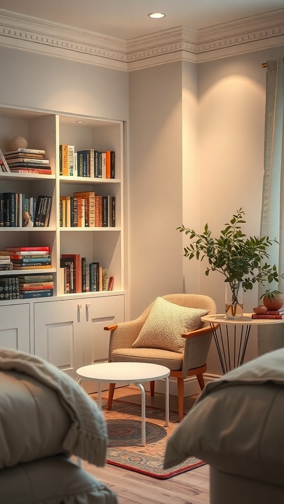 Cozy bedroom nook with an armchair, small table, bookshelf, and plants.