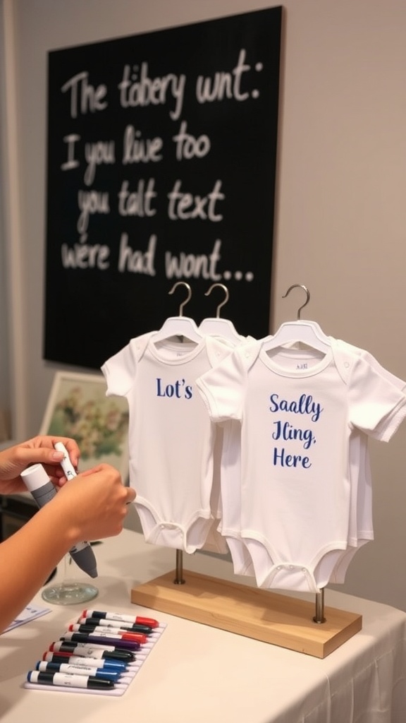 A table with white onesies and colorful markers for guests to personalize.