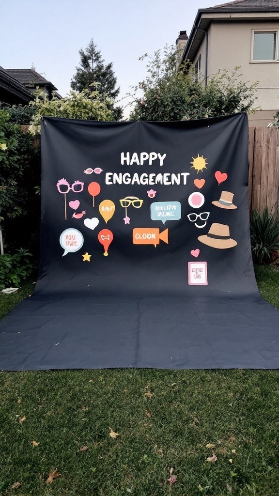 A colorful photo booth backdrop for an engagement party with the text 'HAPPY ENGAGEMENT' and various fun props.