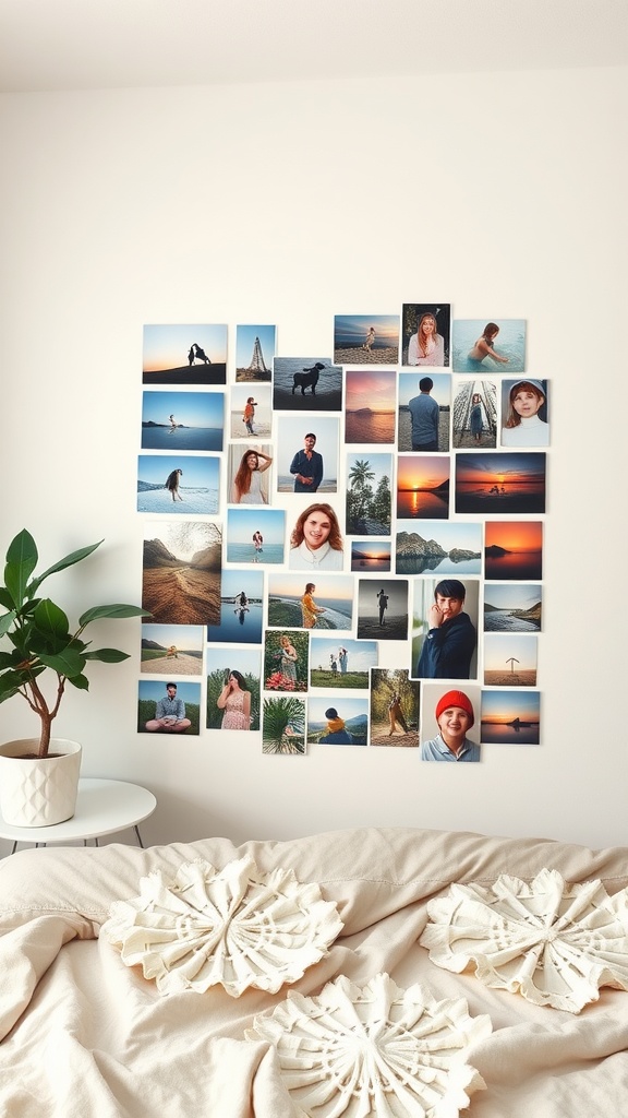 A personalized photo collage on a bedroom wall featuring various images and a cozy bedding setup.