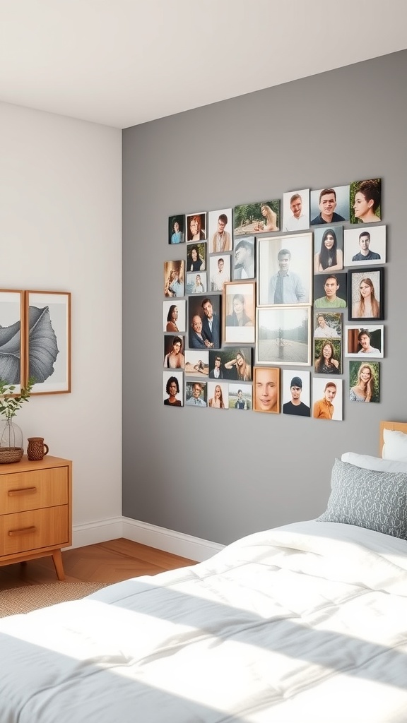 A cozy bedroom featuring a personalized photo collage on the wall, showcasing various framed pictures.