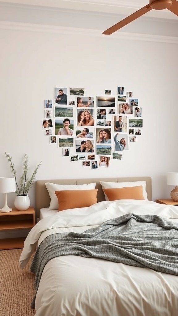 A heart-shaped photo collage on a bedroom wall, surrounded by a neatly made bed with decorative pillows.