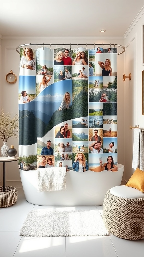 A personalized shower curtain featuring a collage of various photos in a bright bathroom setting.